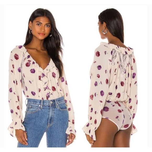 Intimately Free People Tops - Intimately Free People Poppy Floral Printed Bodysuit Cream Lace Ivory Ruffle S